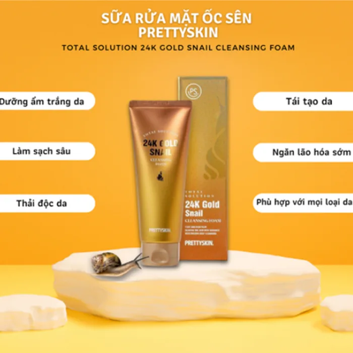 Sữa rửa mặt Ốc Sên Prettyskin Total Solution 24K Gold Snail Cleansing Foam 150ml